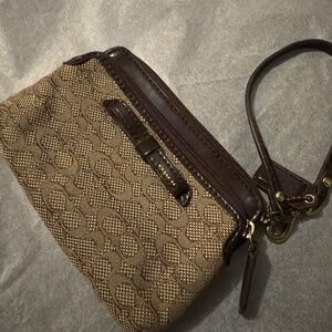 Coach Signature Canvas Wristlet — Mini / Corner Zip — Khaki/Tan